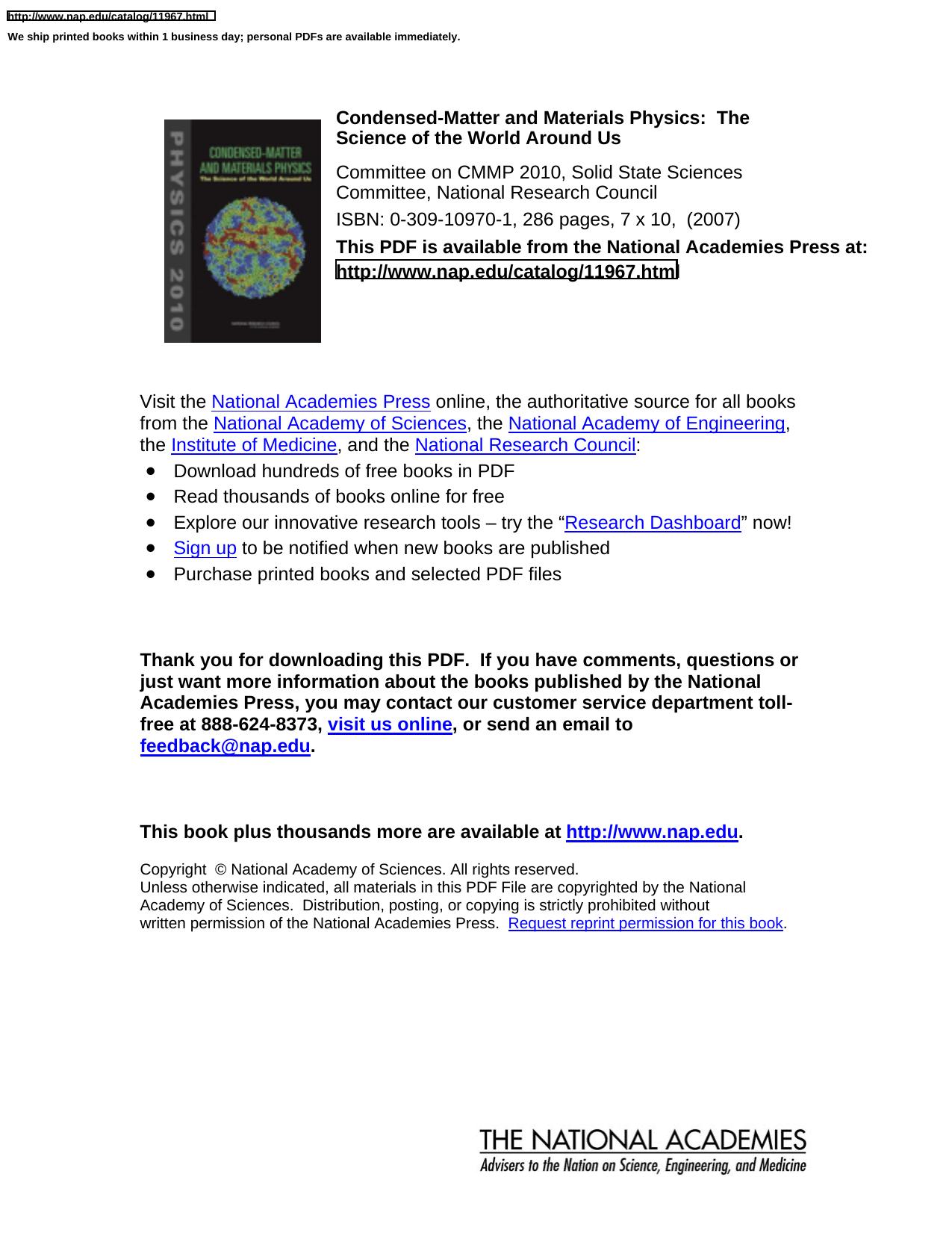 Condensed-Matter and Materials Physics: The Science of the World Around Us by National Research Council