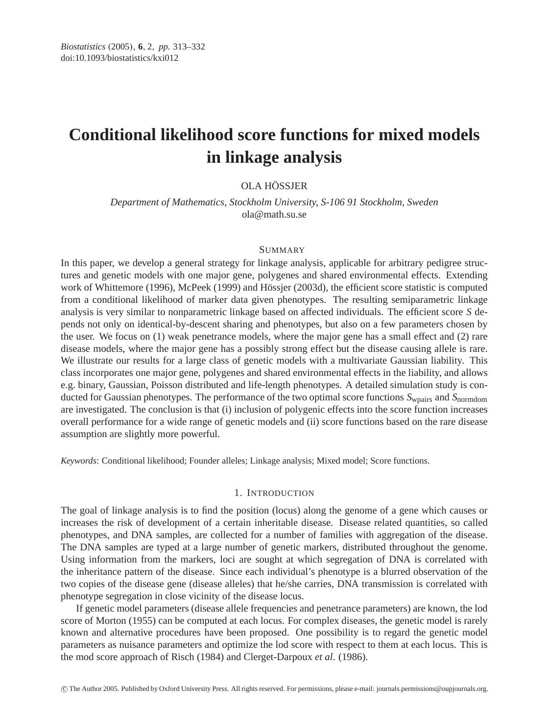 Conditional likelihood score functions for mixed models in linkage analysis by Hössjer O