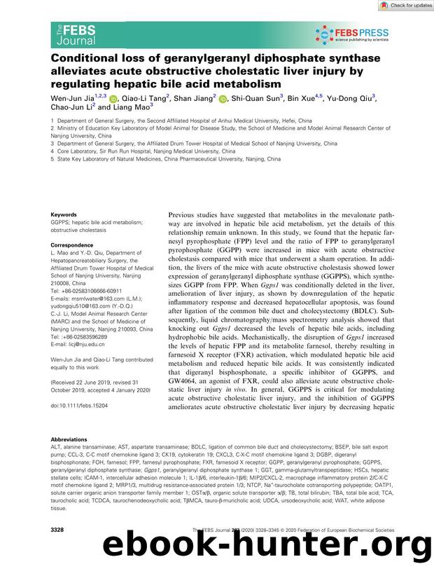 Conditional loss of geranylgeranyl diphosphate synthase alleviates acute obstructive cholestatic liver injury by regulating hepatic bile acid metabolism by Unknown