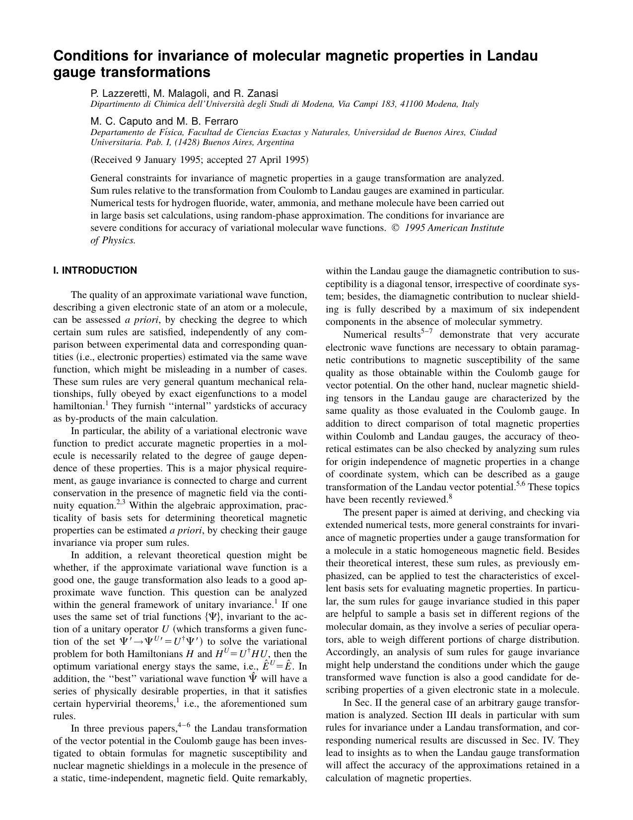 Conditions for invariance of molecular magnetic properties in Landau gauge transformations by P. Lazzeretti & M. Malagoli & and R. Zanasi & M. C. Caputo and M. B. Ferraro