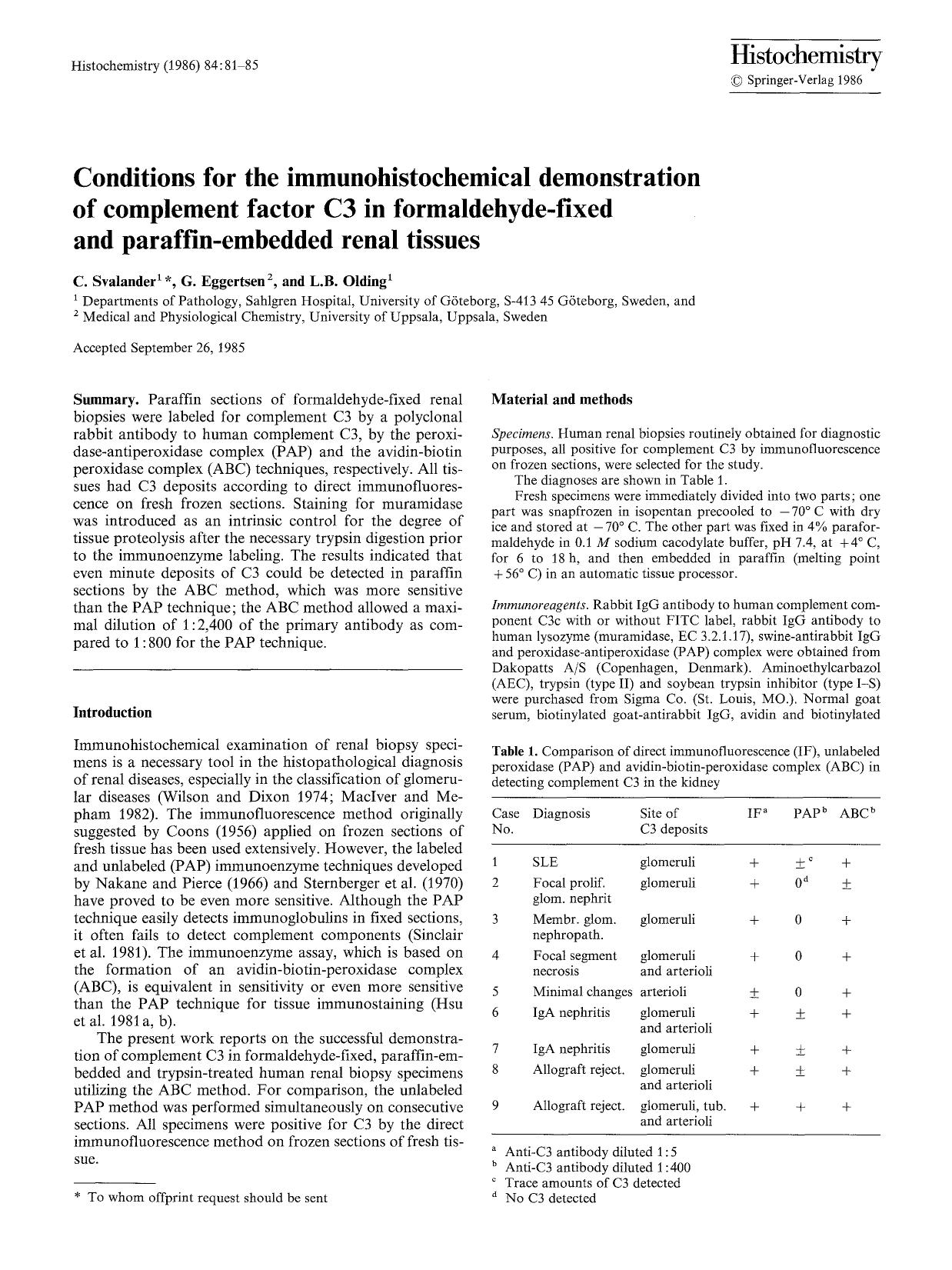 Conditions for the immunohistochemical demonstration of complement factor C3 in formaldehyde-fixed and paraffin-embedded renal tissues by Unknown