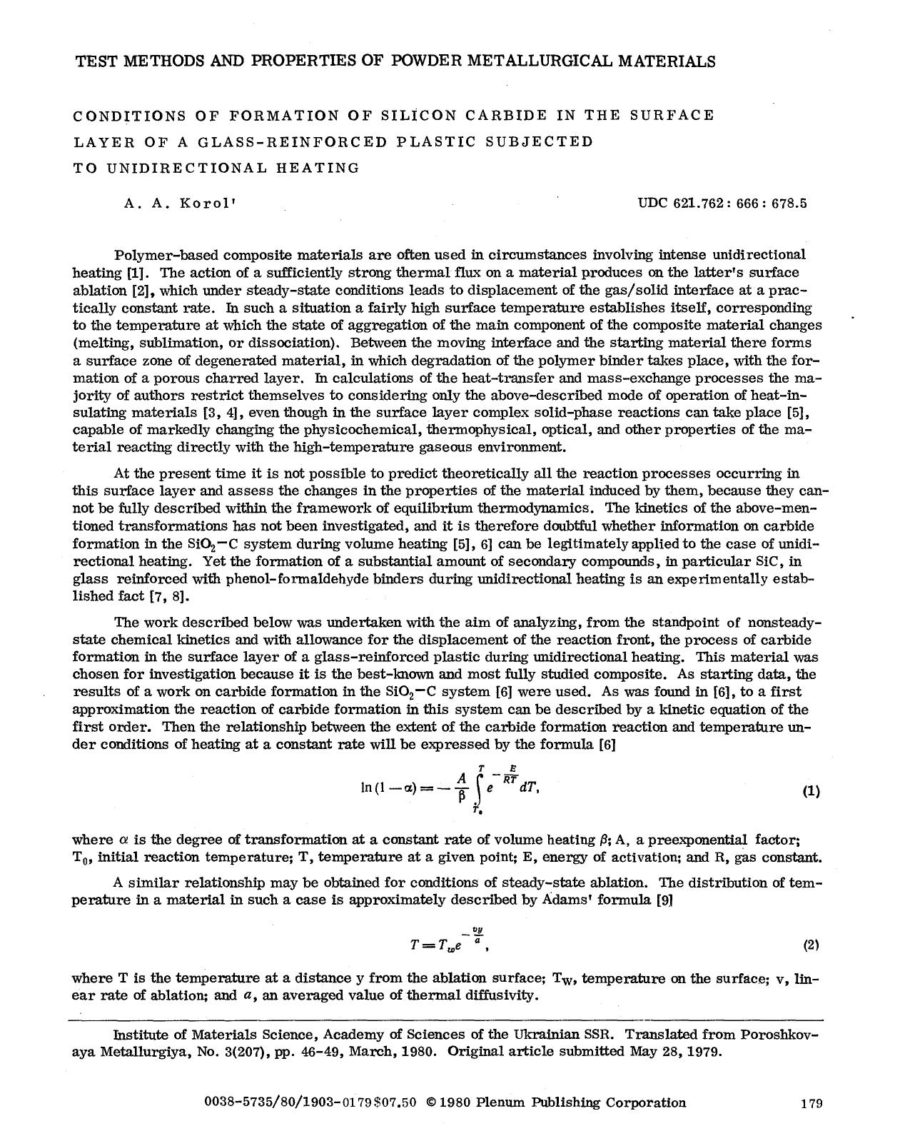 Conditions of formation of silicon carbide in the surface layer of a glass-reinforced plastic subjected to unidirectional heating by Unknown