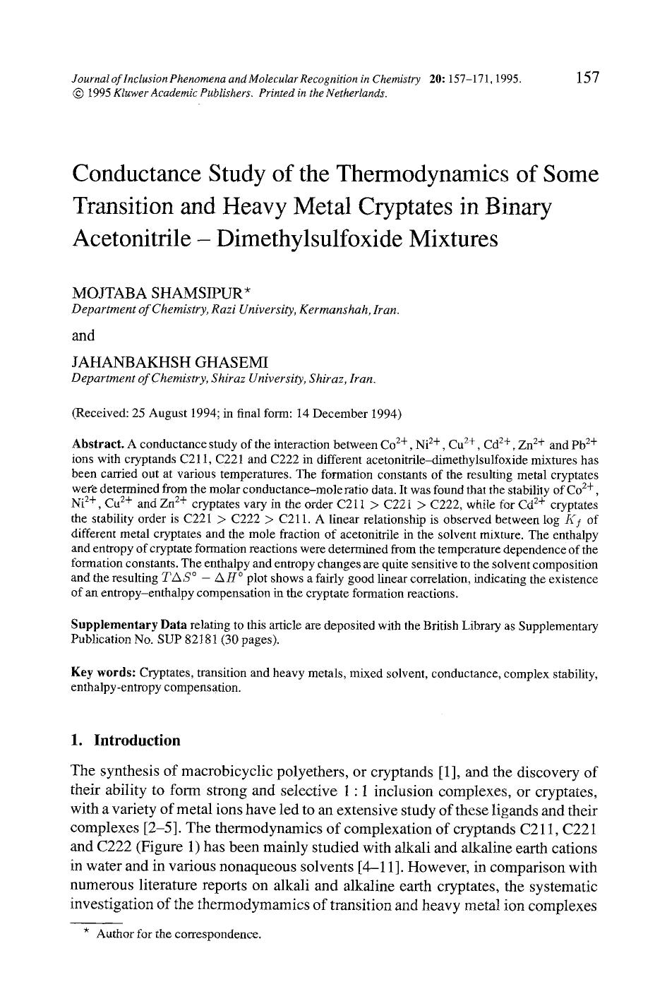 Conductance study of the thermodynamics of some transition and heavy metal cryptates in binary acetonitrile-dimethylsulfoxide mixtures by Unknown