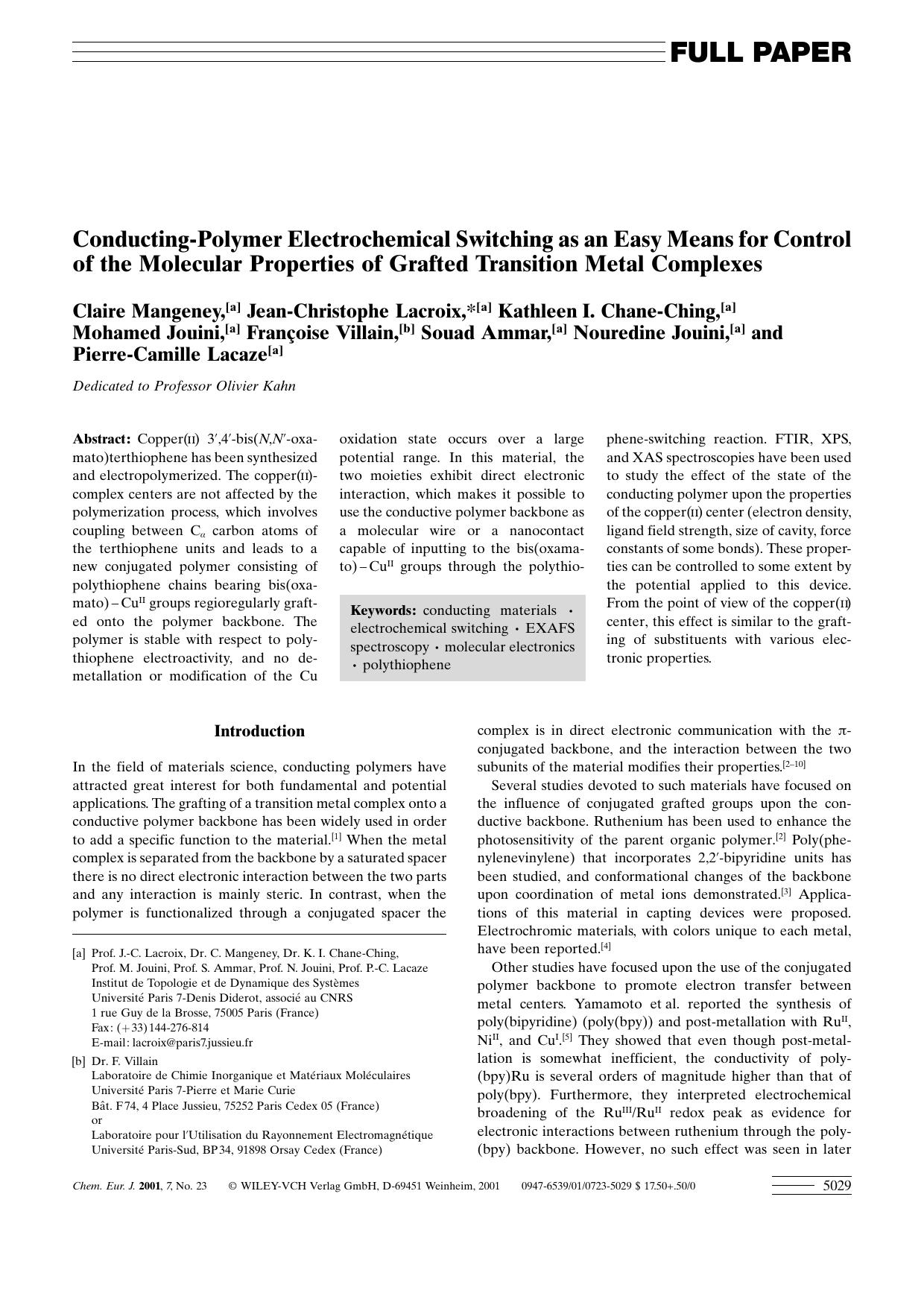 Conducting-Polymer Electrochemical Switching as an Easy Means for Control of the Molecular Properties of Grafted Transition Metal Complexes by Unknown