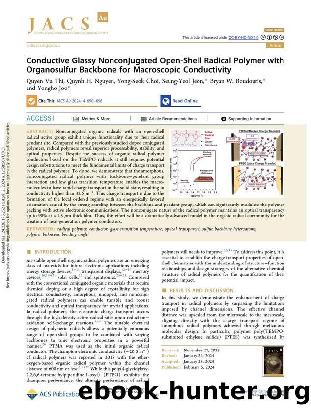 Conductive Glassy Nonconjugated Open-Shell Radical Polymer with Organosulfur Backbone for Macroscopic Conductivity by Quyen Vu Thi Quynh H. Nguyen Yong-Seok Choi Seung-Yeol Jeon Bryan W. Boudouris & Yongho Joo