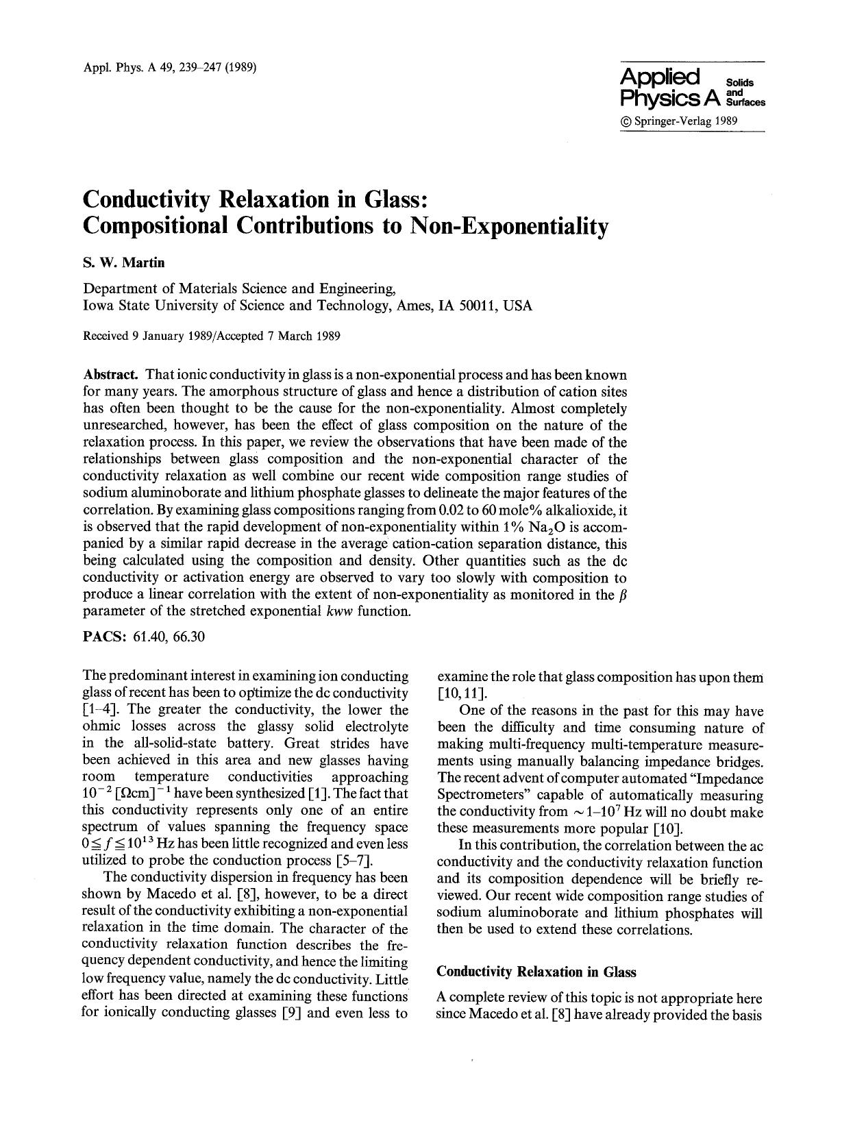 Conductivity relaxation in glass: Compositional contributions to non-exponentiality by Unknown