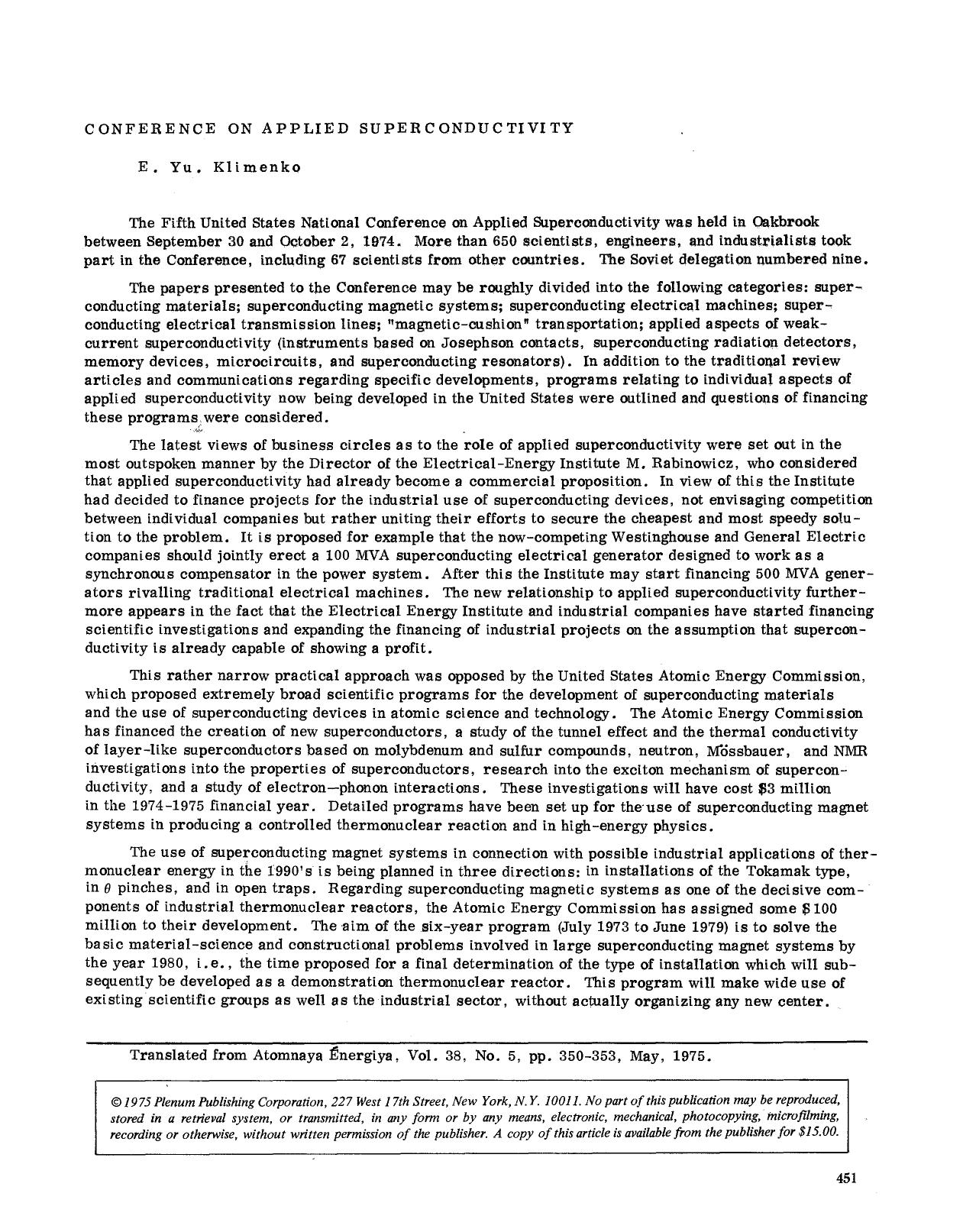Conference on Applied Superconductivity by Unknown