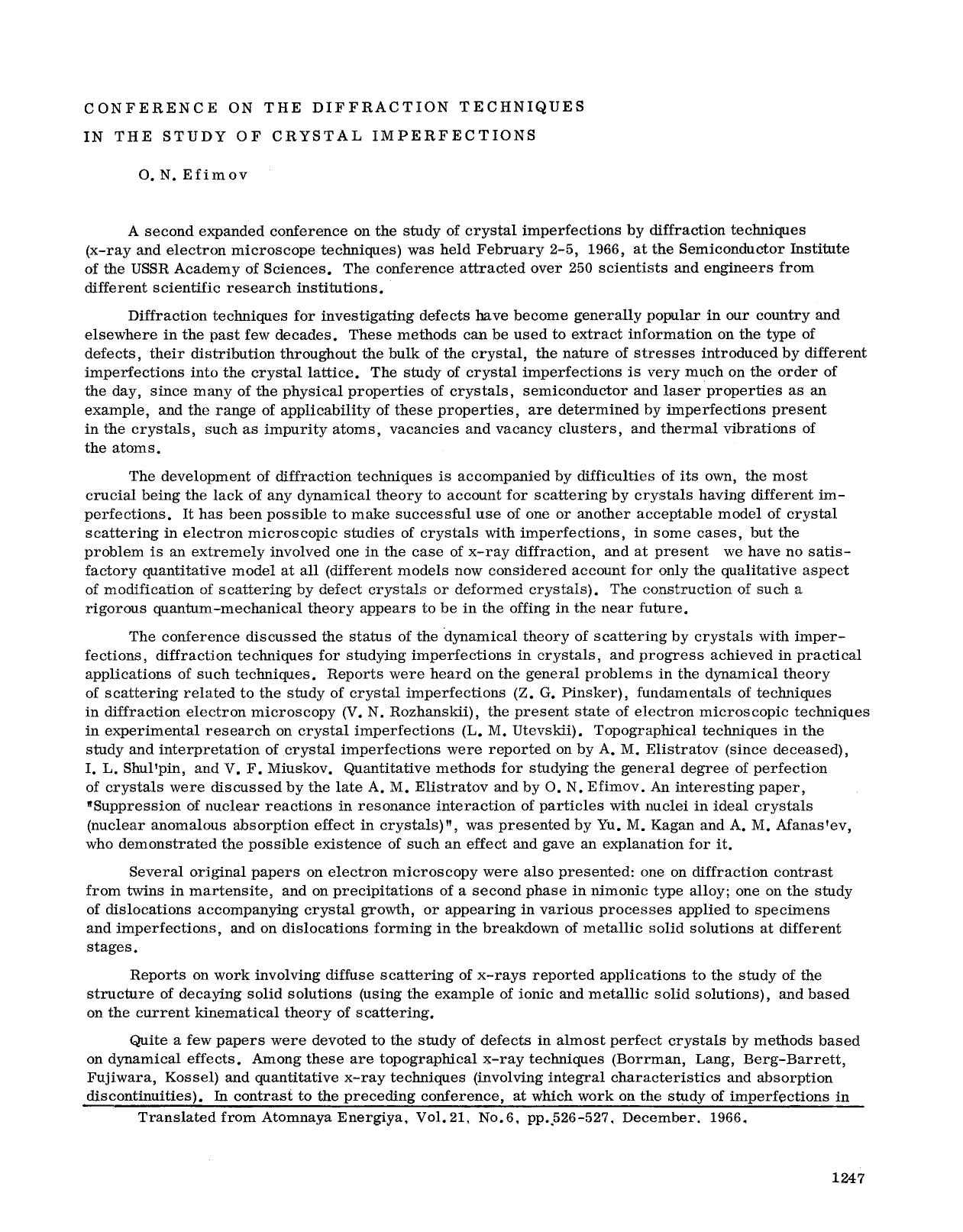 Conference on the Diffraction Techniques in the Study of Crystal Imperfections by Unknown