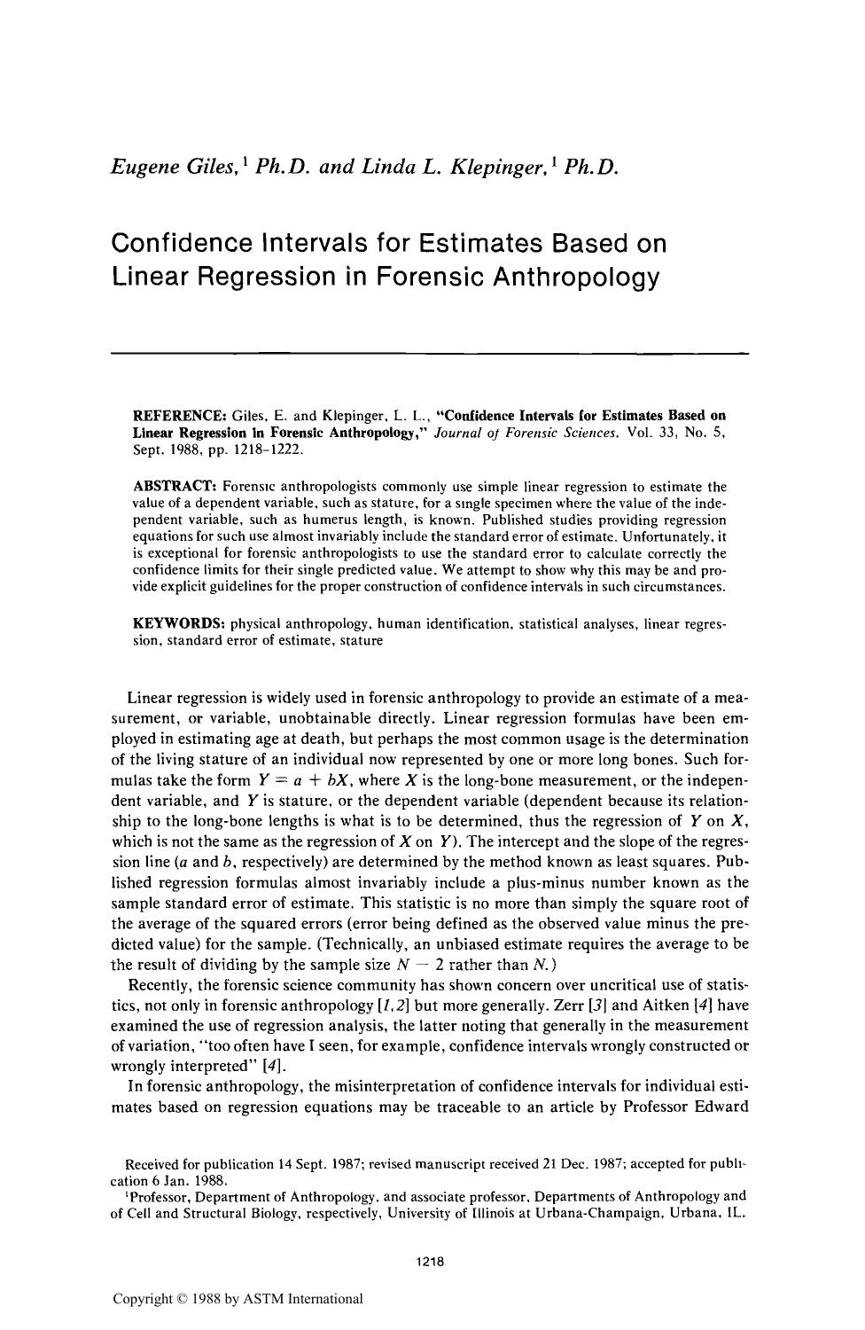 Confidence Intervals for Estimates Based on Linear Regression in Forensic Anthropology by Giles E Klepinger LL