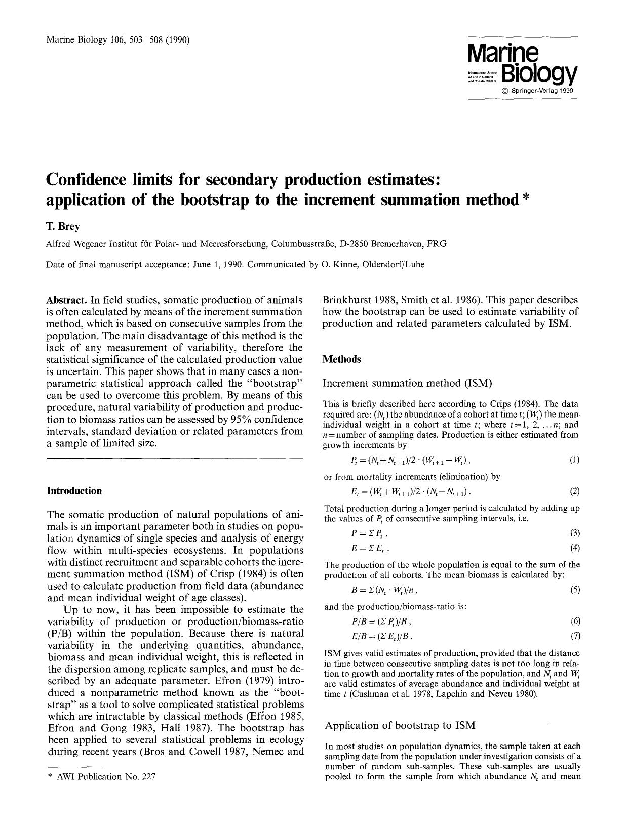 Confidence limits for secondary production estimates: Application of the bootstrap to the increment summation method by Unknown
