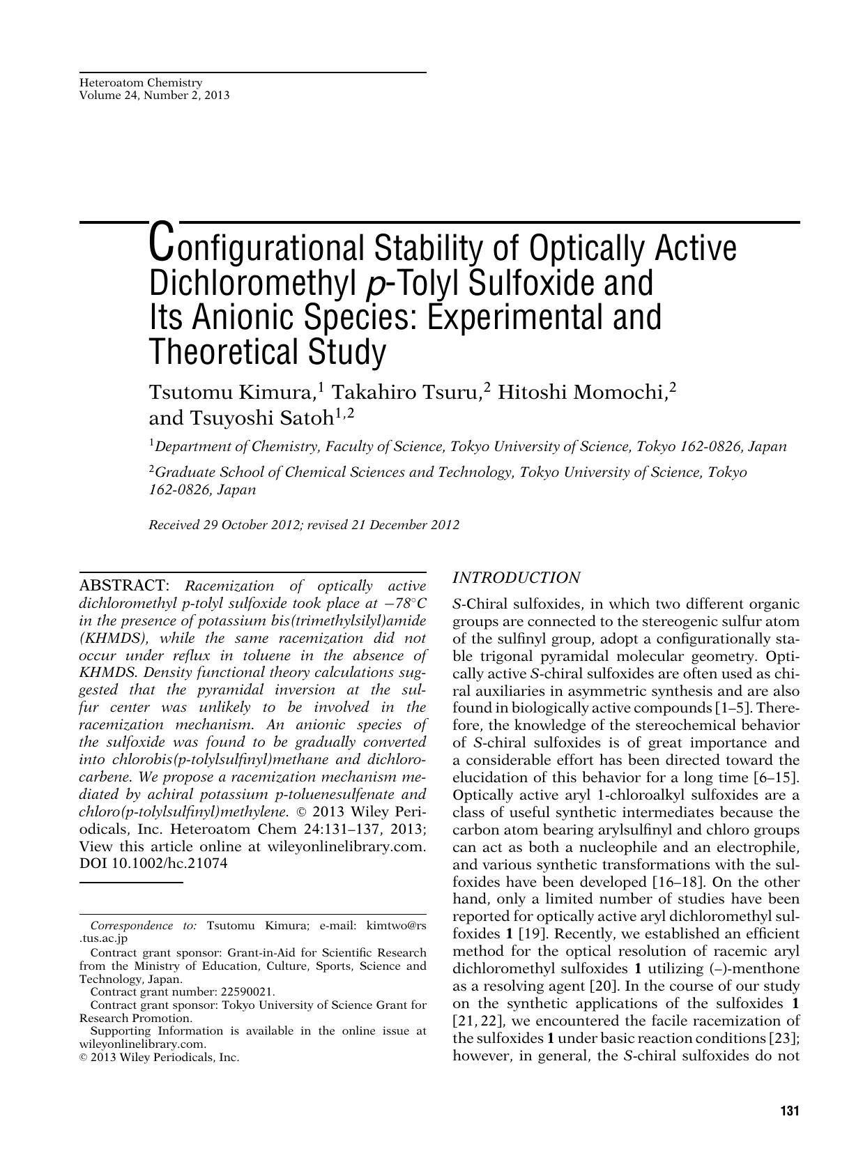 Configurational Stability of Optically Active Dichloromethyl pTolyl Sulfoxide and Its Anionic Species: Experimental and Theoretical Study by Unknown