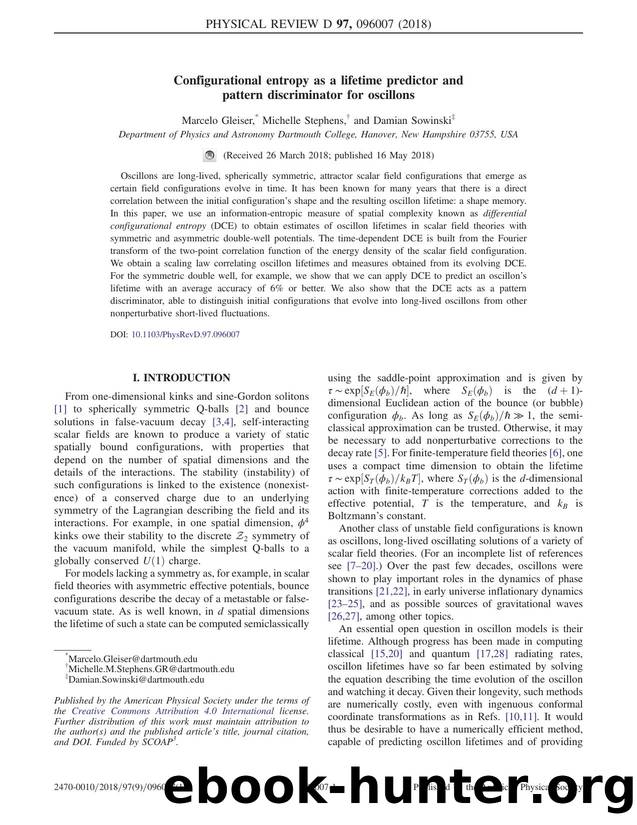 Configurational entropy as a lifetime predictor and pattern discriminator for oscillons by Marcelo Gleiser & Michelle Stephens & Damian Sowinski