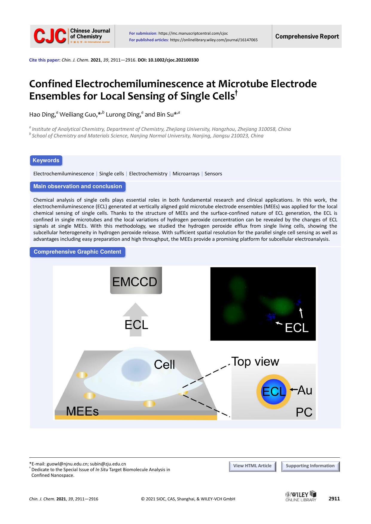 Confined Electrochemiluminescence at Microtube Electrode Ensembles for Local Sensing of Single Cells by weiliang