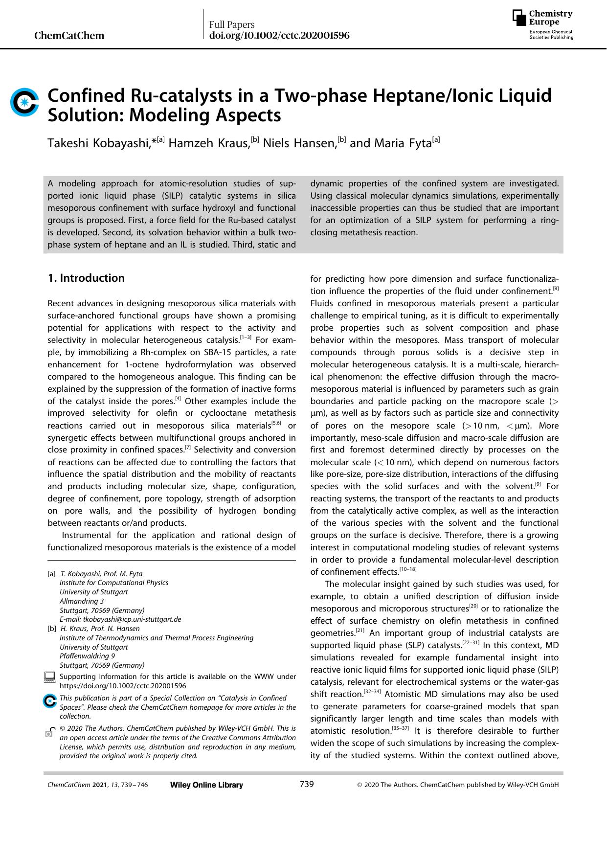 Confined Ruâcatalysts in a Twoâphase HeptaneIonic Liquid Solution: Modeling Aspects by Unknown