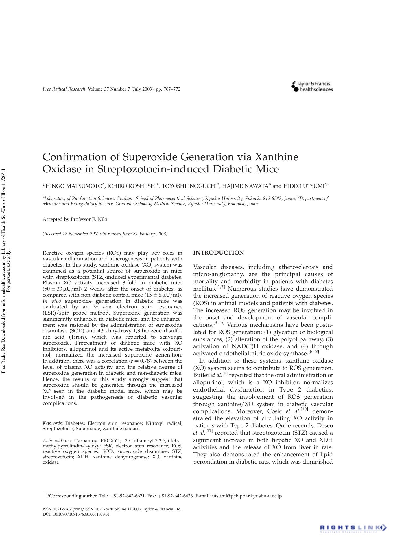 Confirmation of Superoxide Generation via Xanthine Oxidase in Streptozotocin-induced Diabetic Mice by Shingo Matsumotoa Ichiro Koshiishia Toyoshi Inoguchib Hajime Nawatab & Hideo Utsumia