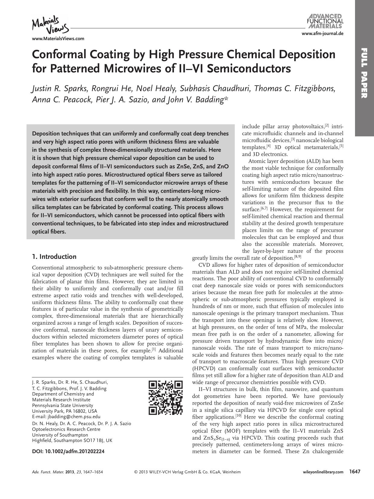 Conformal Coating by High Pressure Chemical Deposition for Patterned Microwires of IIVI Semiconductors by wbpm