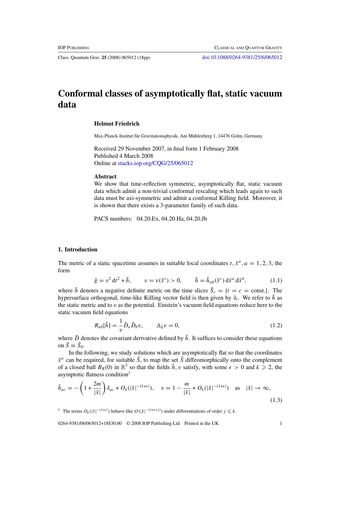 Conformal classes of asymptotically flat, static vacuum data by H Friedrich
