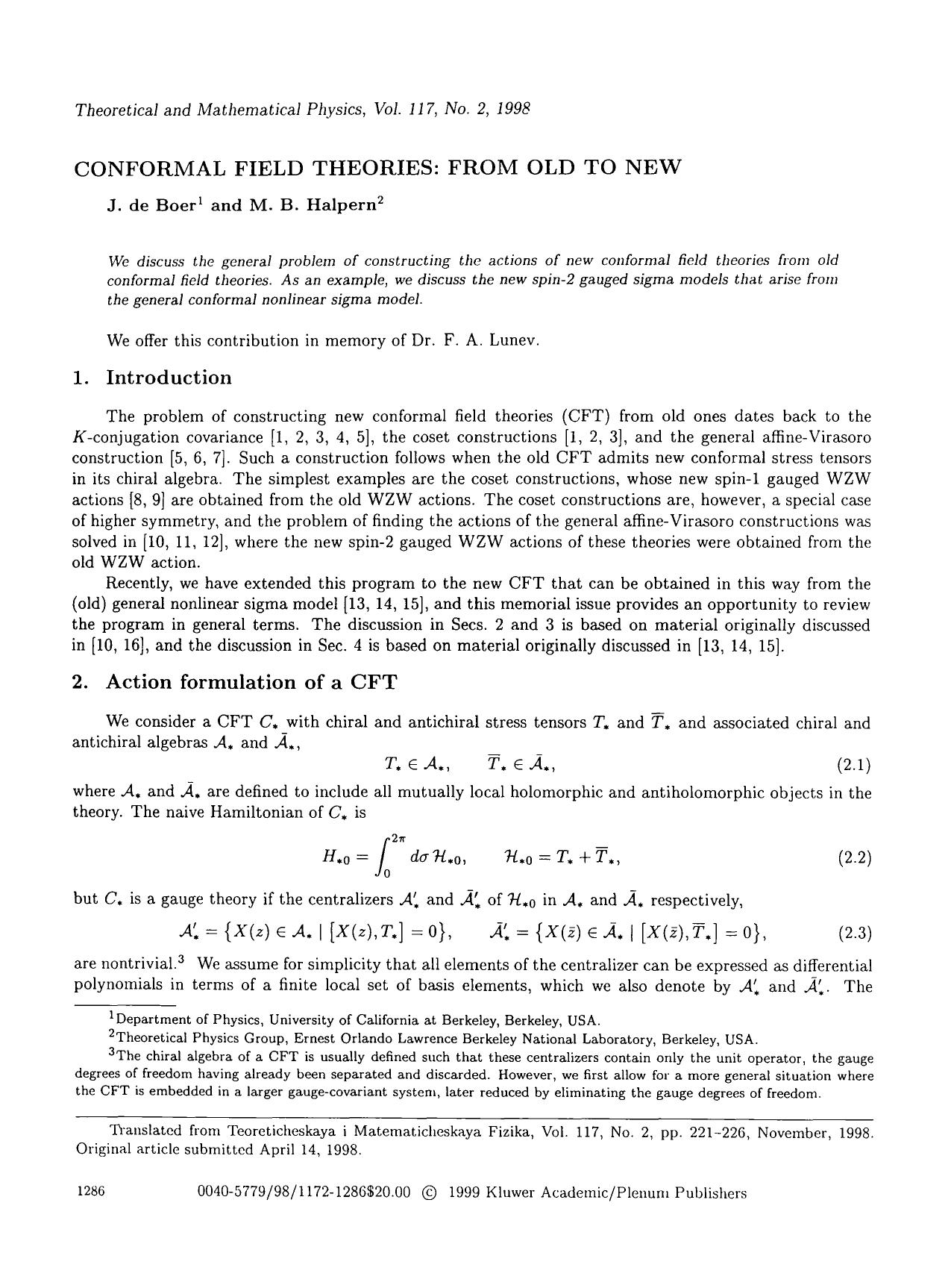 Conformal field theories: From old to new by Unknown