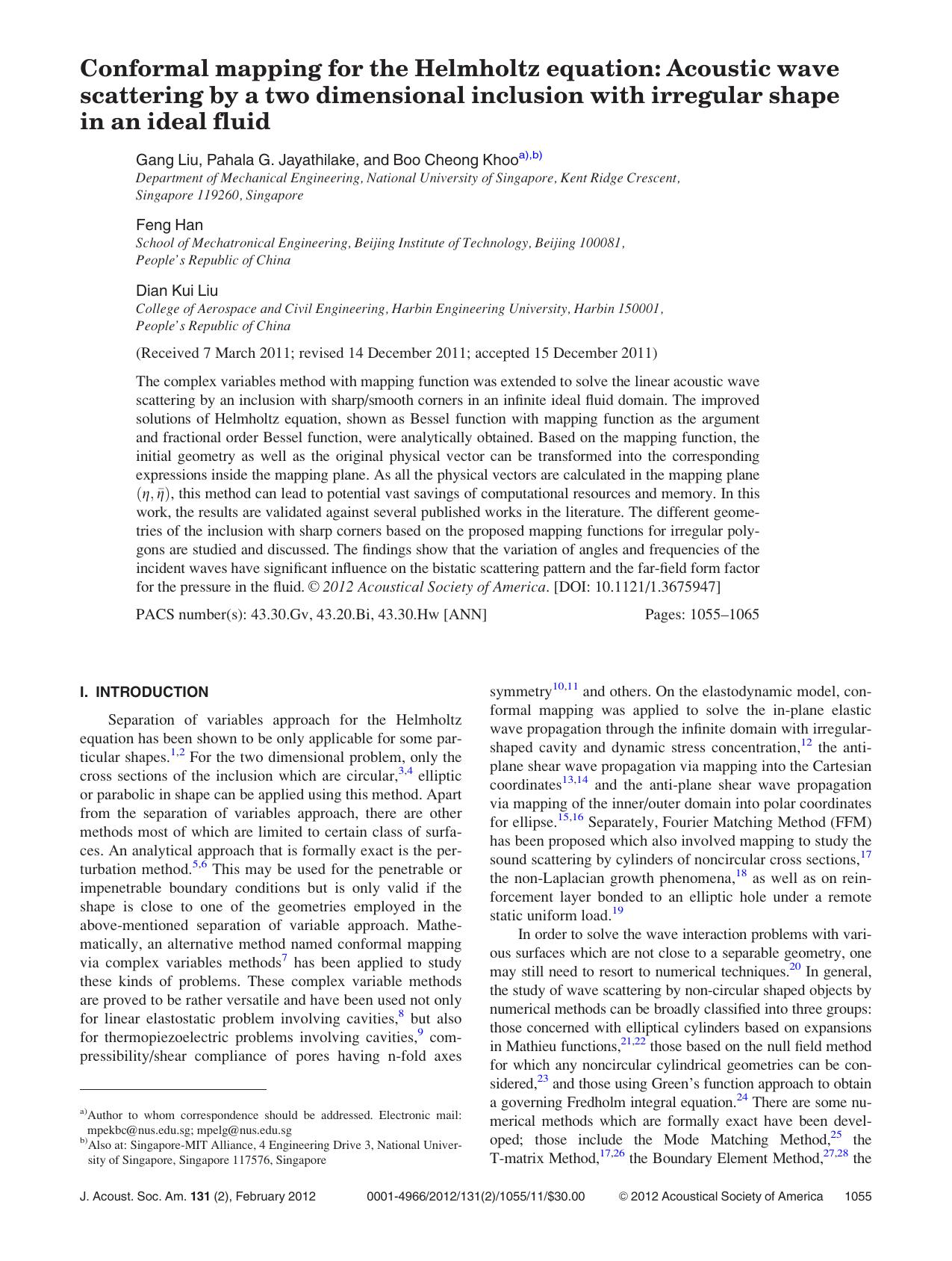 Conformal mapping for the Helmholtz equation: Acoustic wave scattering by a two dimensional inclusion with irregular shape in an ideal fluid by Gang Liu Pahala G. Jayathilake Boo Cheong Khoo Feng Han and Dian Kui Liu