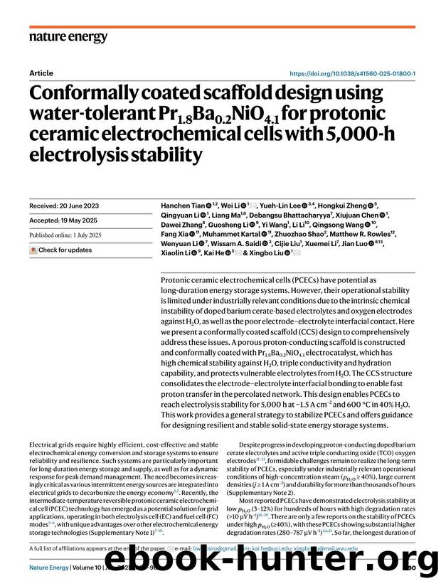 Conformally coated scaffold design using water-tolerant Pr1.8Ba0.2NiO4.1 for protonic ceramic electrochemical cells with 5,000-h electrolysis stability by unknow