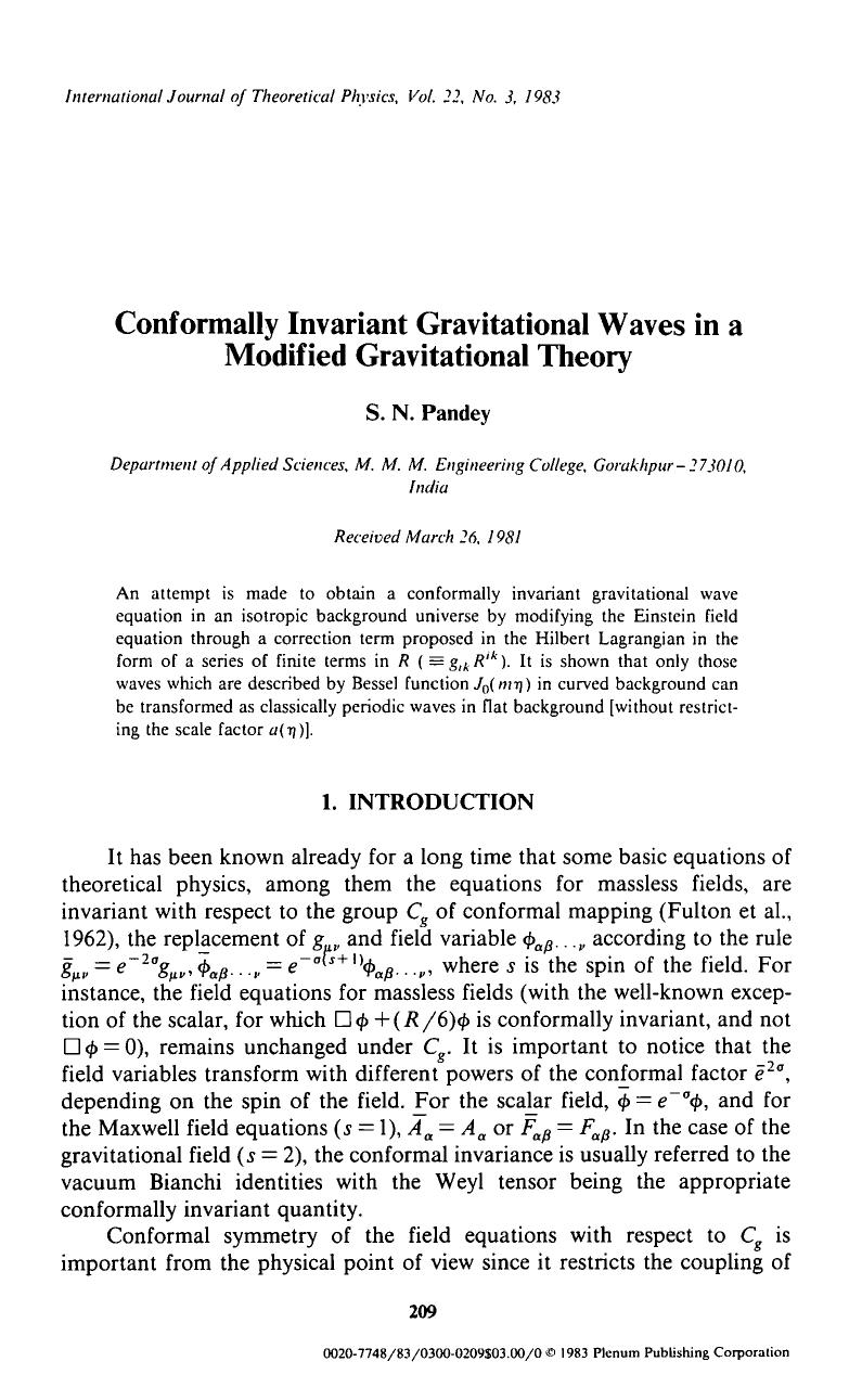Conformally invariant gravitational waves in a modified gravitational theory by Unknown