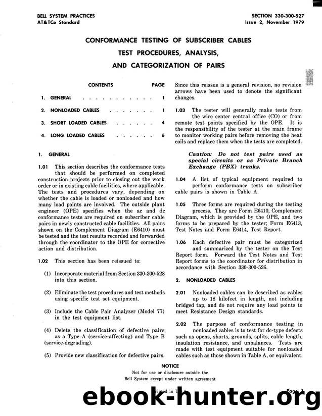 Conformance Testing of Subscriber Cables Test Procedures, Analysis, and Categorization of Pairs by AT&&T