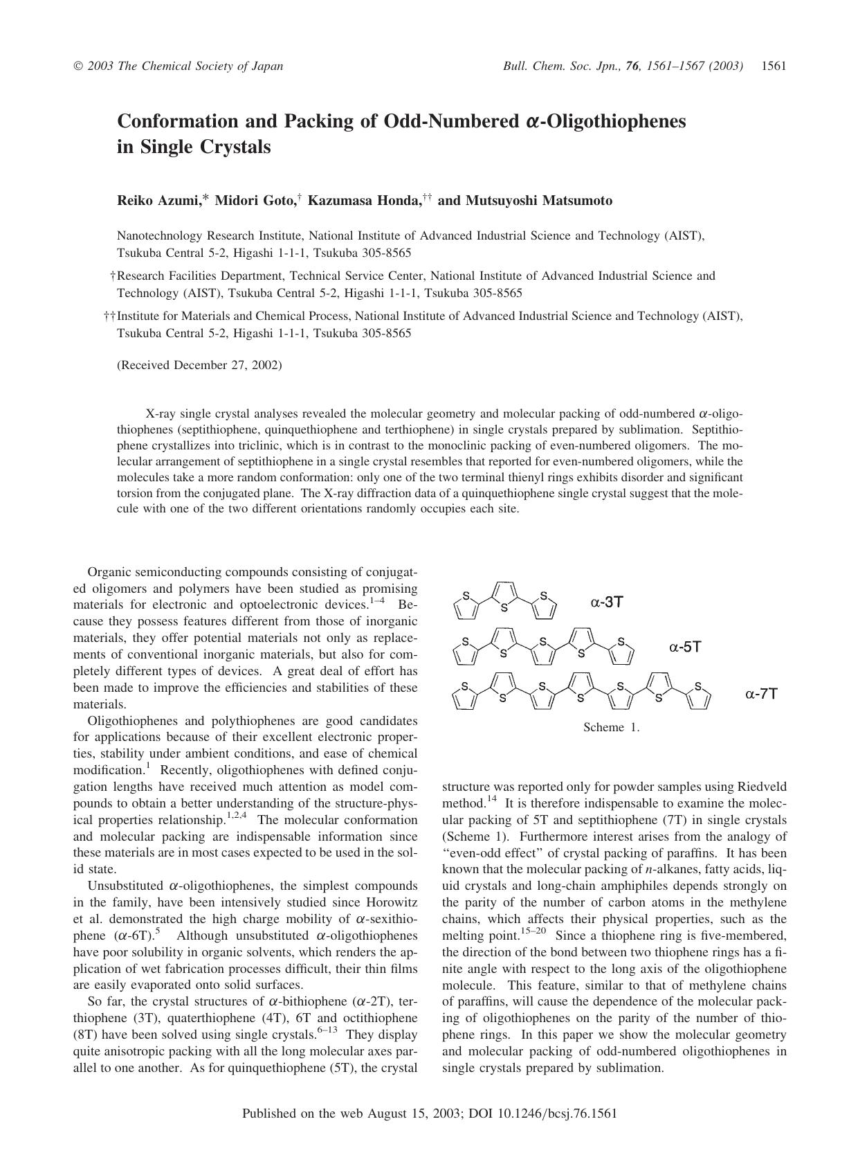 Conformation and Packing of Odd-Numbered \alpha-Oligothiophenes in Single Crystals by Reiko Azumi Midori Goto Kazumasa Honda & Mutsuyoshi Matsumoto