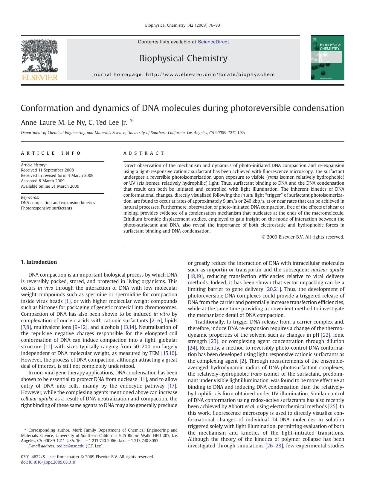 Conformation and dynamics of DNA molecules during photoreversible condensation by Anne-Laure M. Le Ny; C. Ted Lee Jr