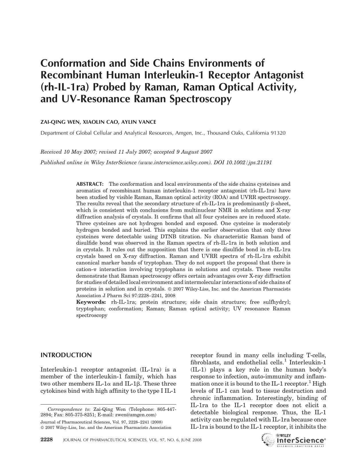 Conformation and side chains environments of recombinant human interleukin-1 receptor antagonist (rh-IL-1ra) probed by raman, raman optical activity, and UV-resonance raman spectroscopy by Unknown