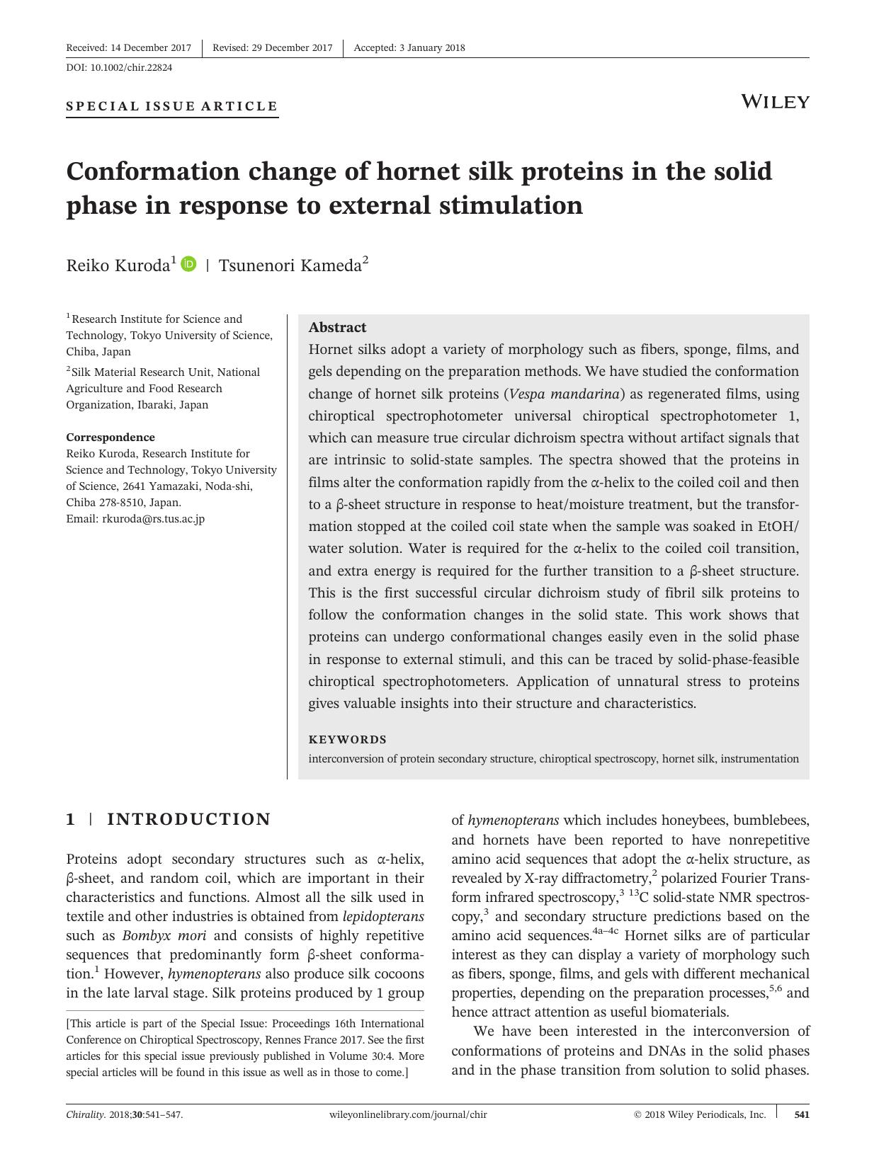 Conformation change of hornet silk proteins in the solid phase in response to external stimulation by Reiko Kuroda & Tsunenori Kameda