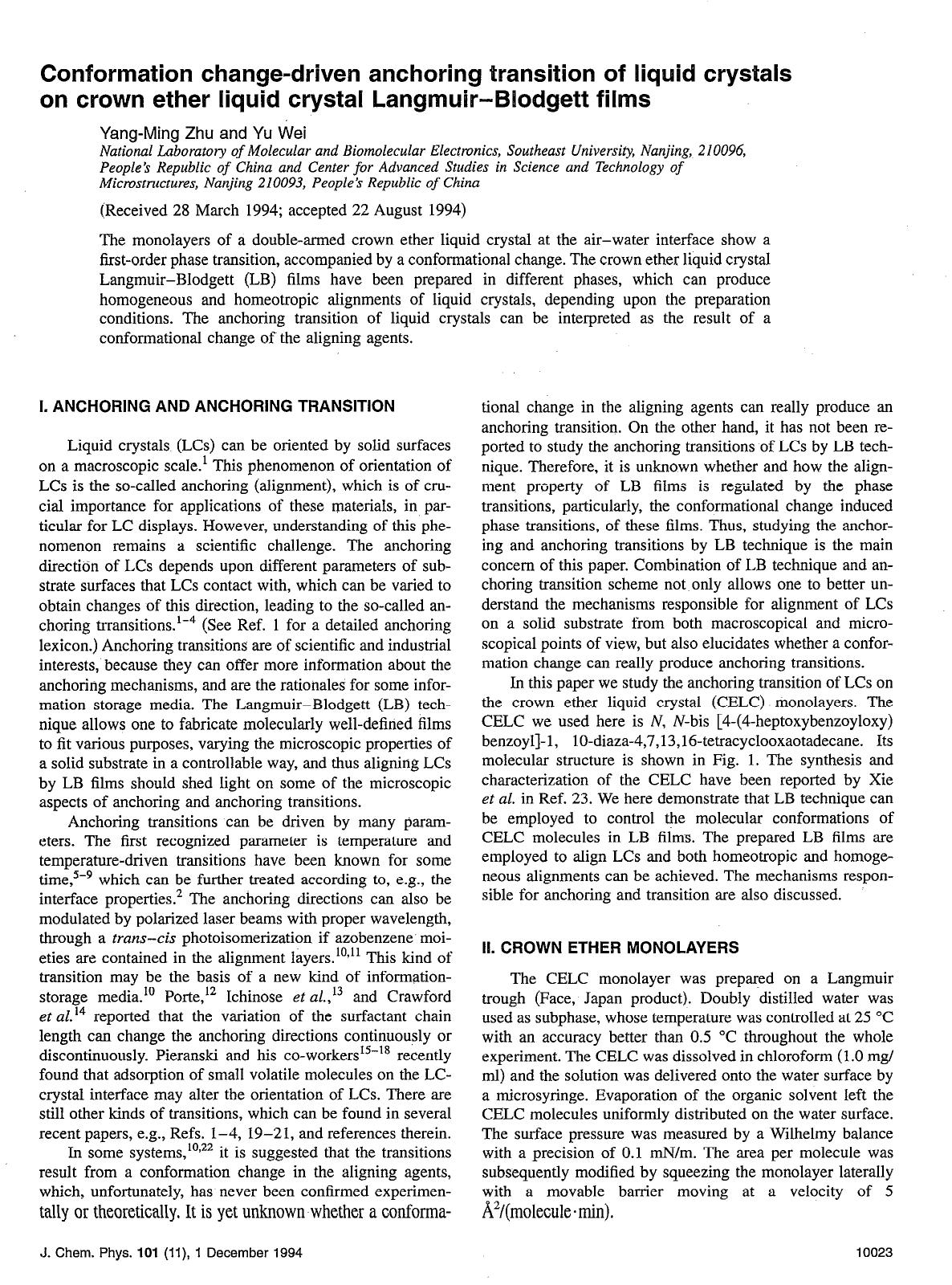 Conformation change-driven anchoring transition of liquid crystals on crown ether liquid crystal Langmuir--Blodgett films by Yang-Ming Zhu; Yu Wei