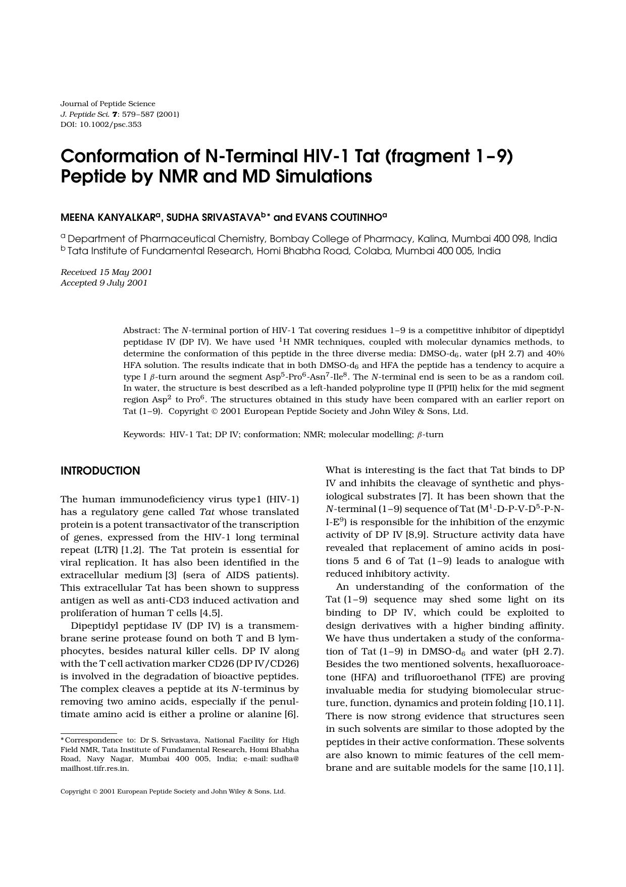 Conformation of N-terminal HIV-1 tat (fragment 1-9) peptide by NMR and MD simulations by Unknown