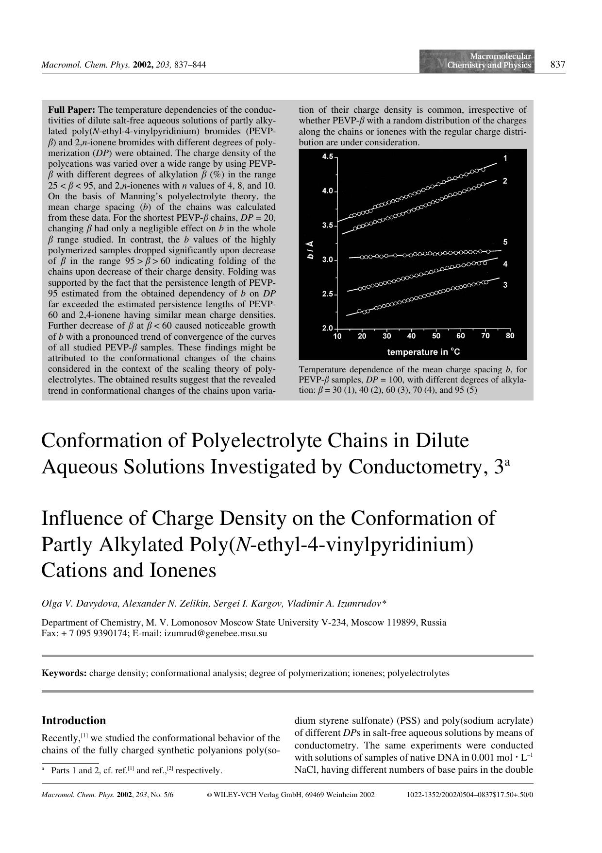 Conformation of Polyelectrolyte Chains in Dilute Aqueous Solutions Investigated by Conductometry, 3. Influence of Charge Density on the Conformation of Partly Alkylated Poly(N-ethy by Unknown