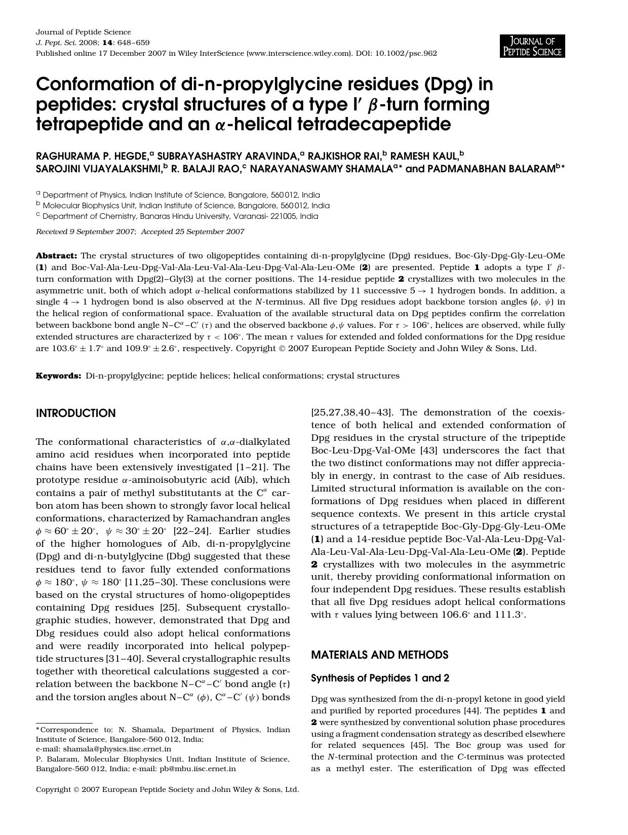 Conformation of di-n-propylglycine residues (Dpg) in peptides: crystal structures of a type I[prime][beta]-turn forming tetrapeptide and an [alpha]-helical tetradecapeptide by Unknown