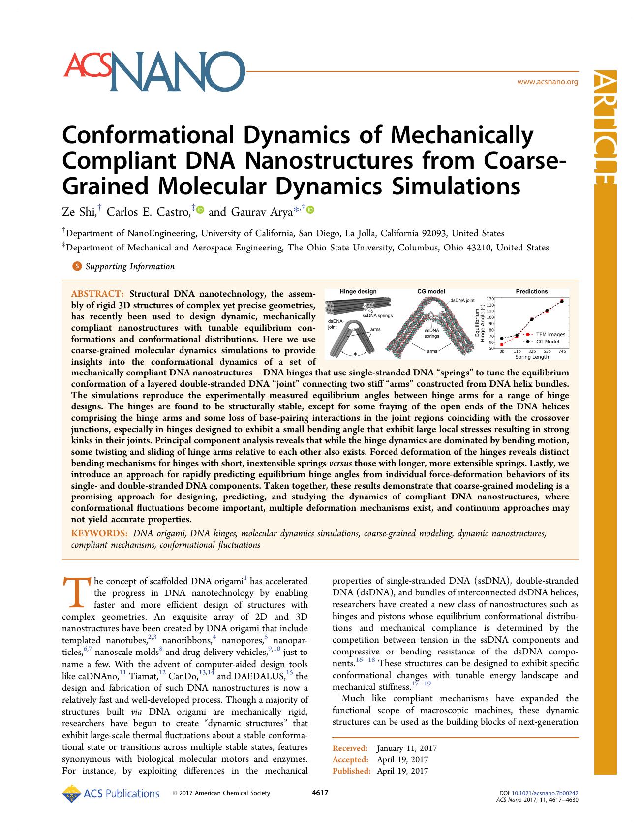Conformational Dynamics of Mechanically Compliant DNA Nanostructures from Coarse-Grained Molecular Dynamics Simulations by Ze Shi Carlos E. Castro & Gaurav Arya