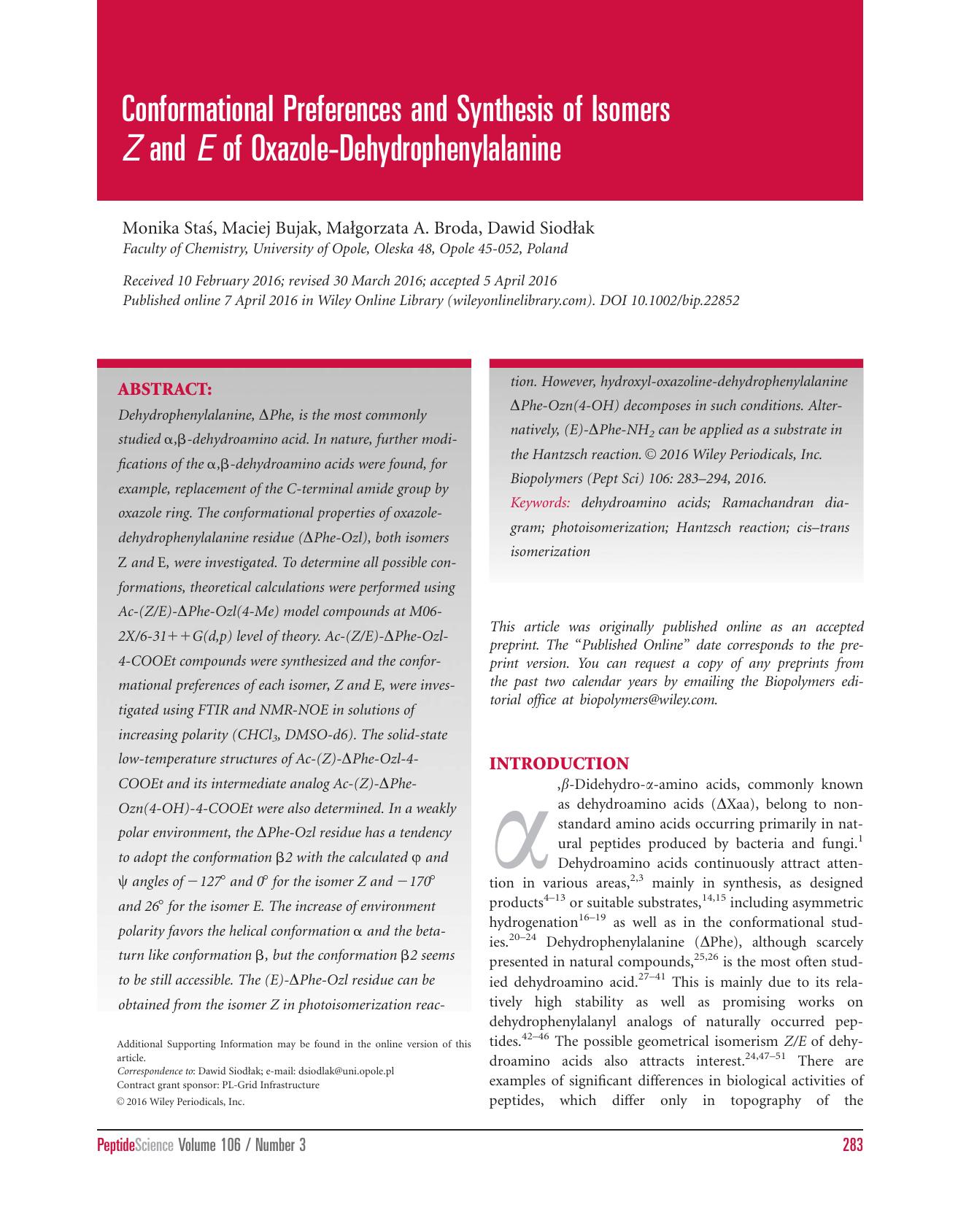 Conformational Preferences and Synthesis of Isomers Z and E of Oxazole‐Dehydrophenylalanine by Unknown