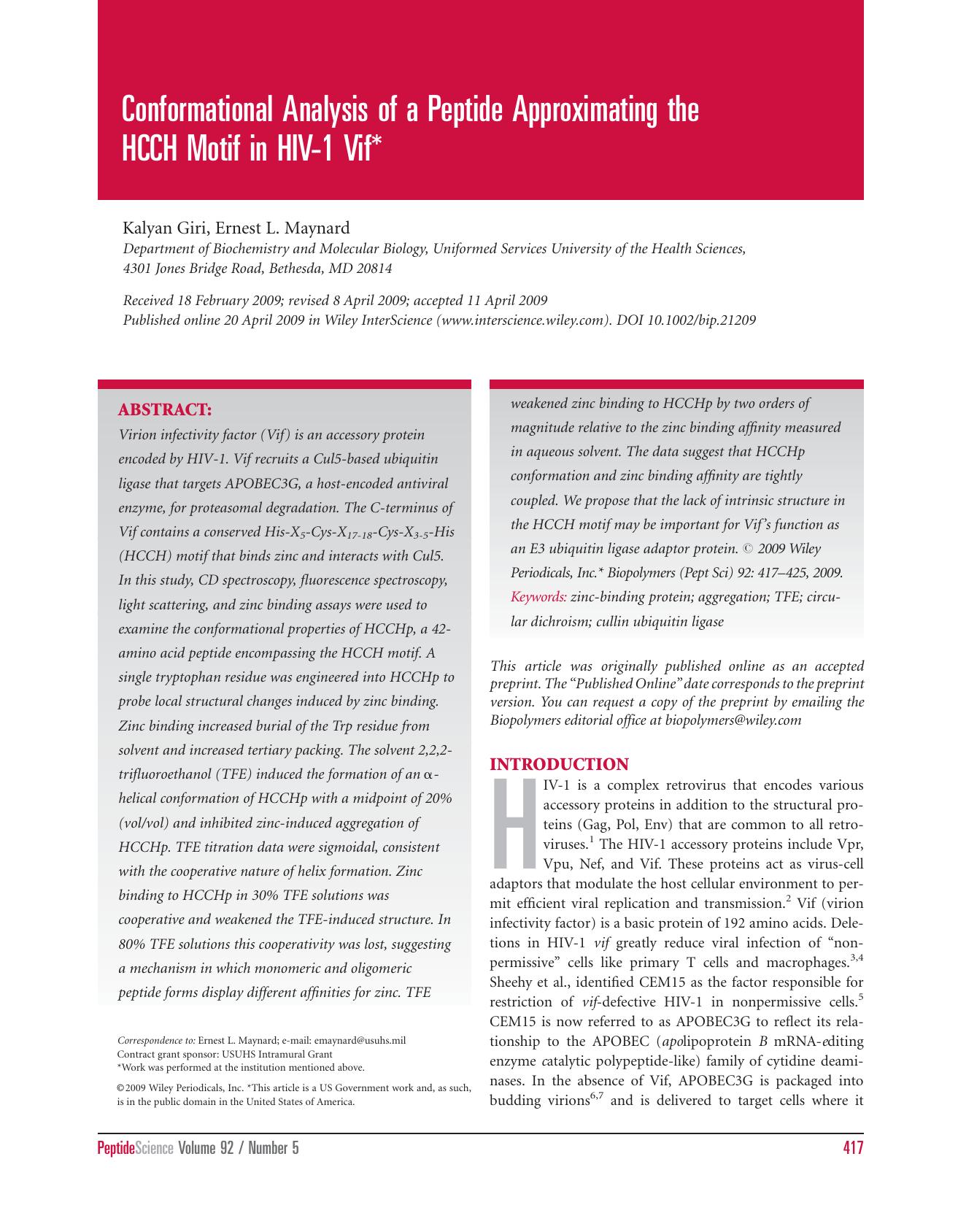 Conformational analysis of a peptide approximating the HCCH motif in HIV-1 Vif by Unknown
