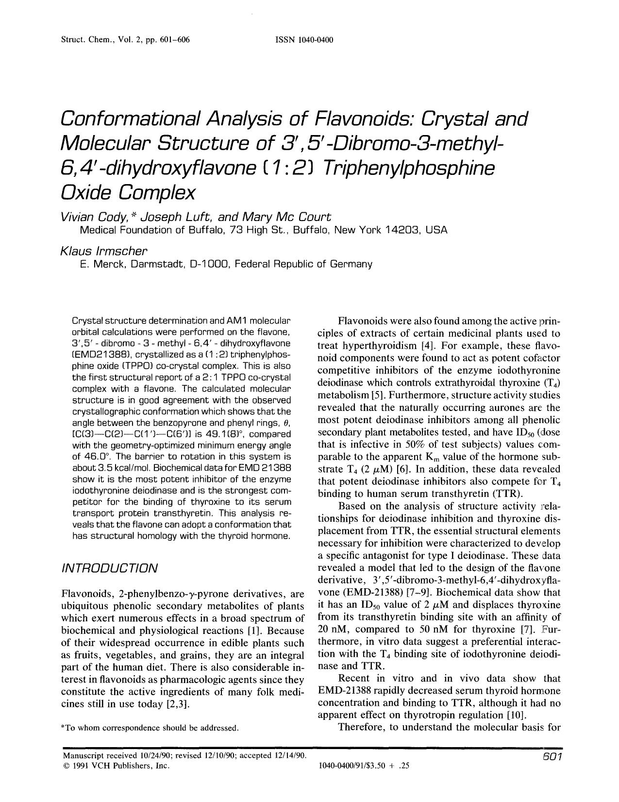 Conformational analysis of flavonoids: Crystal and molecular structure of 3′,5′-dibromo-3-methyl-6,4′-dihydroxyflavone (1:2) triphenylphosphine oxide complex by Unknown