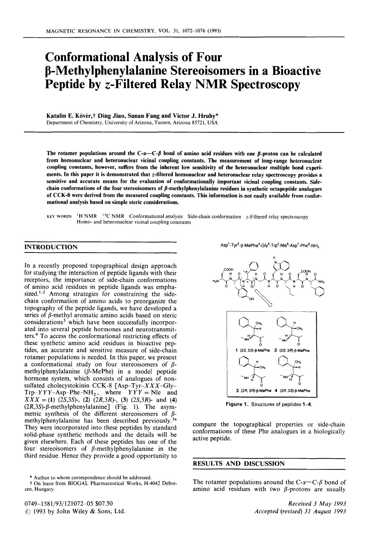 Conformational analysis of four [beta]-methylphenylalanine stereoisomers in a bioactive peptide by z-filtered relay NMR spectroscopy by Unknown