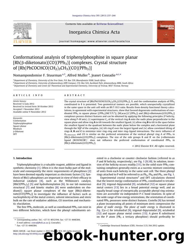 Conformational analysis of triphenylphosphine in square planar [Rh(ÃÂ²-diketonato)(CO)(PPh3)] complexes. Crystal structure of [Rh(PhCOCHCO(CH2)3CH3)(CO)(PPh3)] by Nomampondomise F. Stuurman & Alfred Muller & Jeanet Conradie