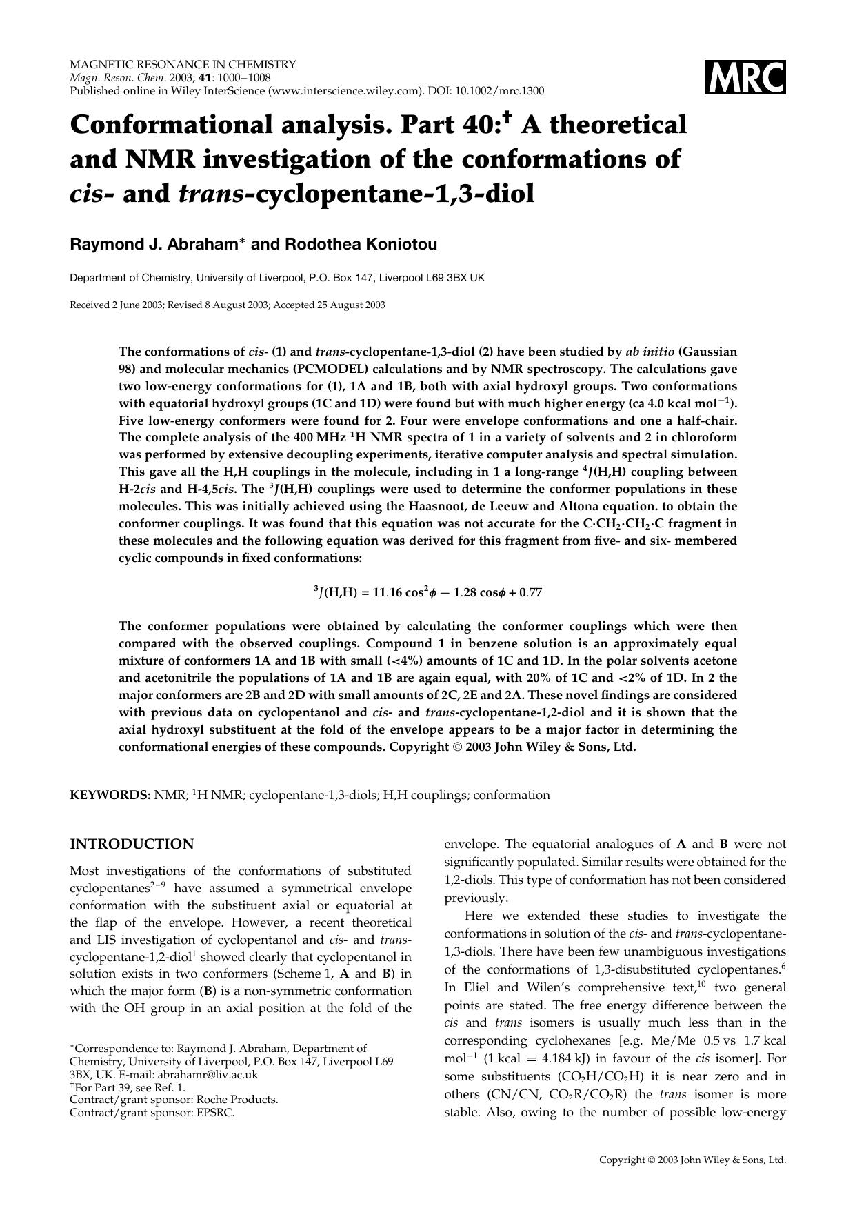 Conformational analysis. Part 40: a theoretical and NMR investigation of the conformations of cis- and trans-cyclopentane-1,3-diol by Unknown