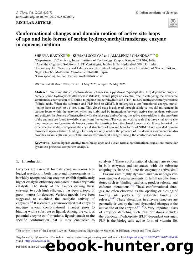 Conformational changes and domain motion of active site loops of apo and holo forms of serine hydroxymethyltransferase enzyme in aqueous medium by Shreya Rastogi & Kumari Soniya & Amalendu Chandra
