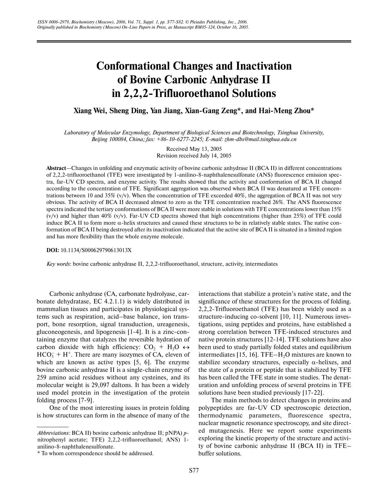 Conformational changes and inactivation of bovine carbonic anhydrase II in 2,2,2-Trifluoroethanol solutions by Unknown