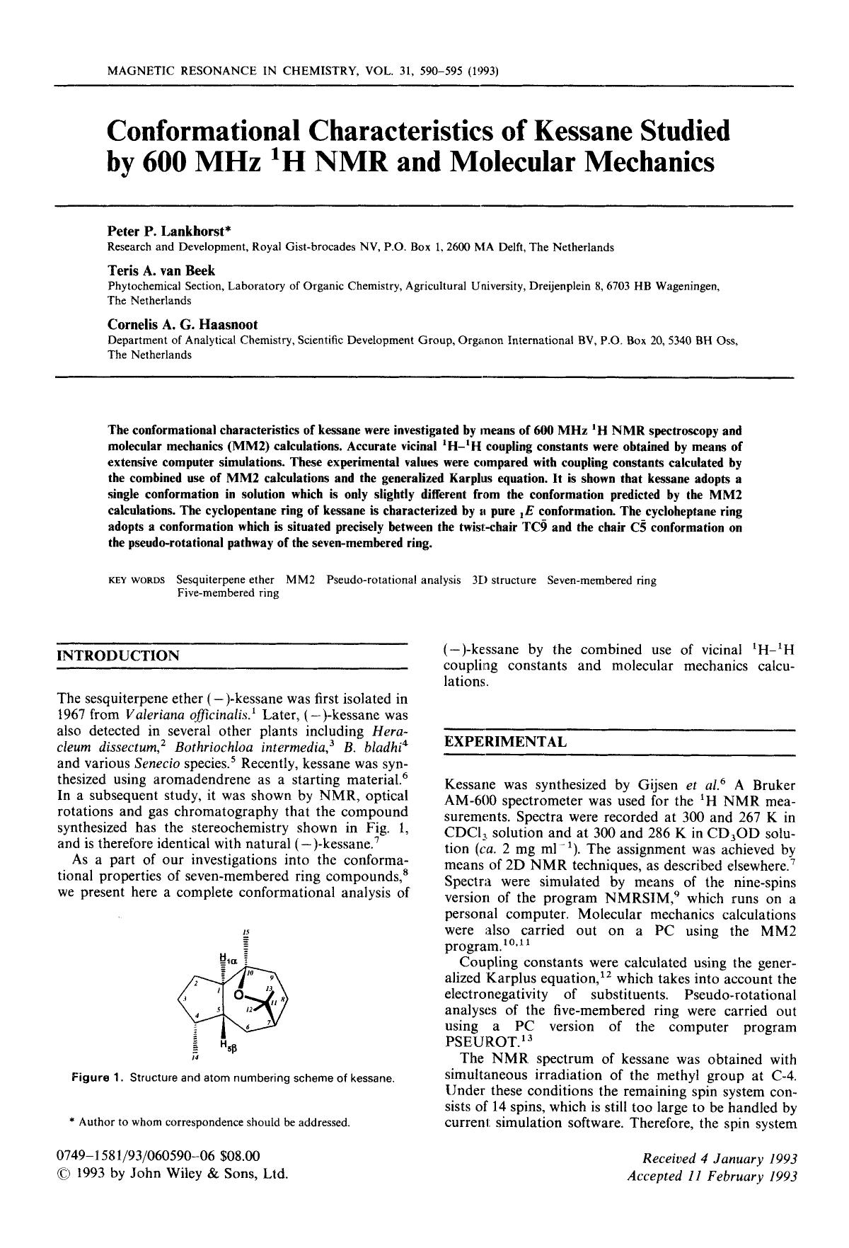 Conformational characteristics of kessane studied by 600 MHz 1H NMR and molecular mechanics by Unknown