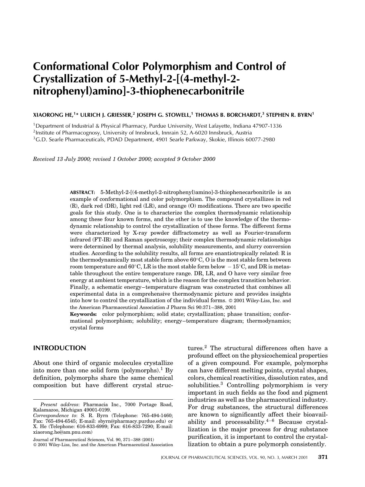 Conformational color polymorphism and control of crystallization of 5-methyl-2-[(4-methyl-2-nitrophenyl)amino]-3-thiophenecarbonitrile by Unknown