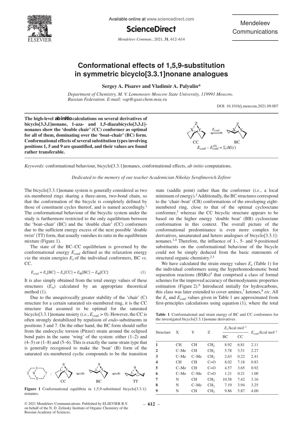 Conformational effects of 1,5,9-substitution in symmetric bicyclo[3.3.1]nonane analogues by Sergey A. Pisarev & Vladimir A. Palyulin
