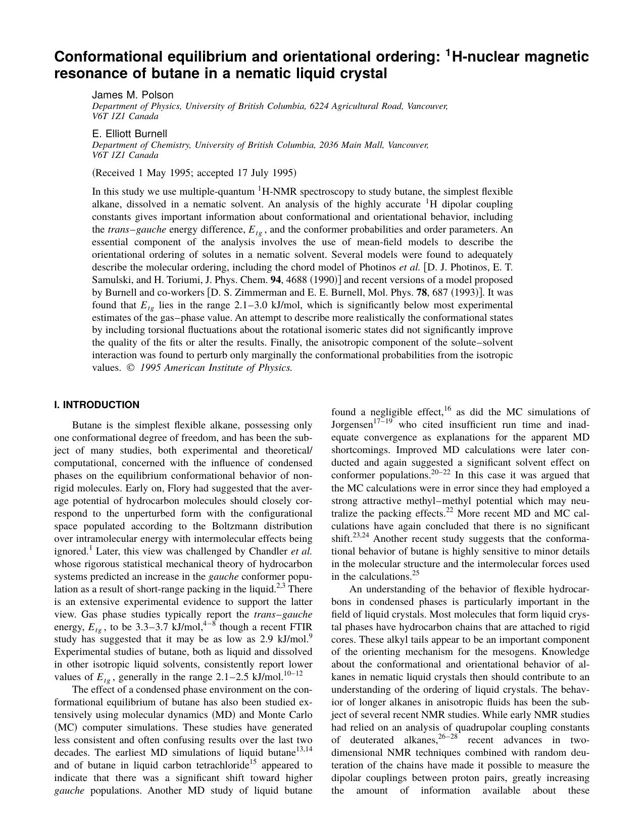 Conformational equilibrium and orientational ordering: 1 H-nuclear magnetic resonance of butane in a nematic liquid crystal by James M. Polson & E. Elliott Burnell