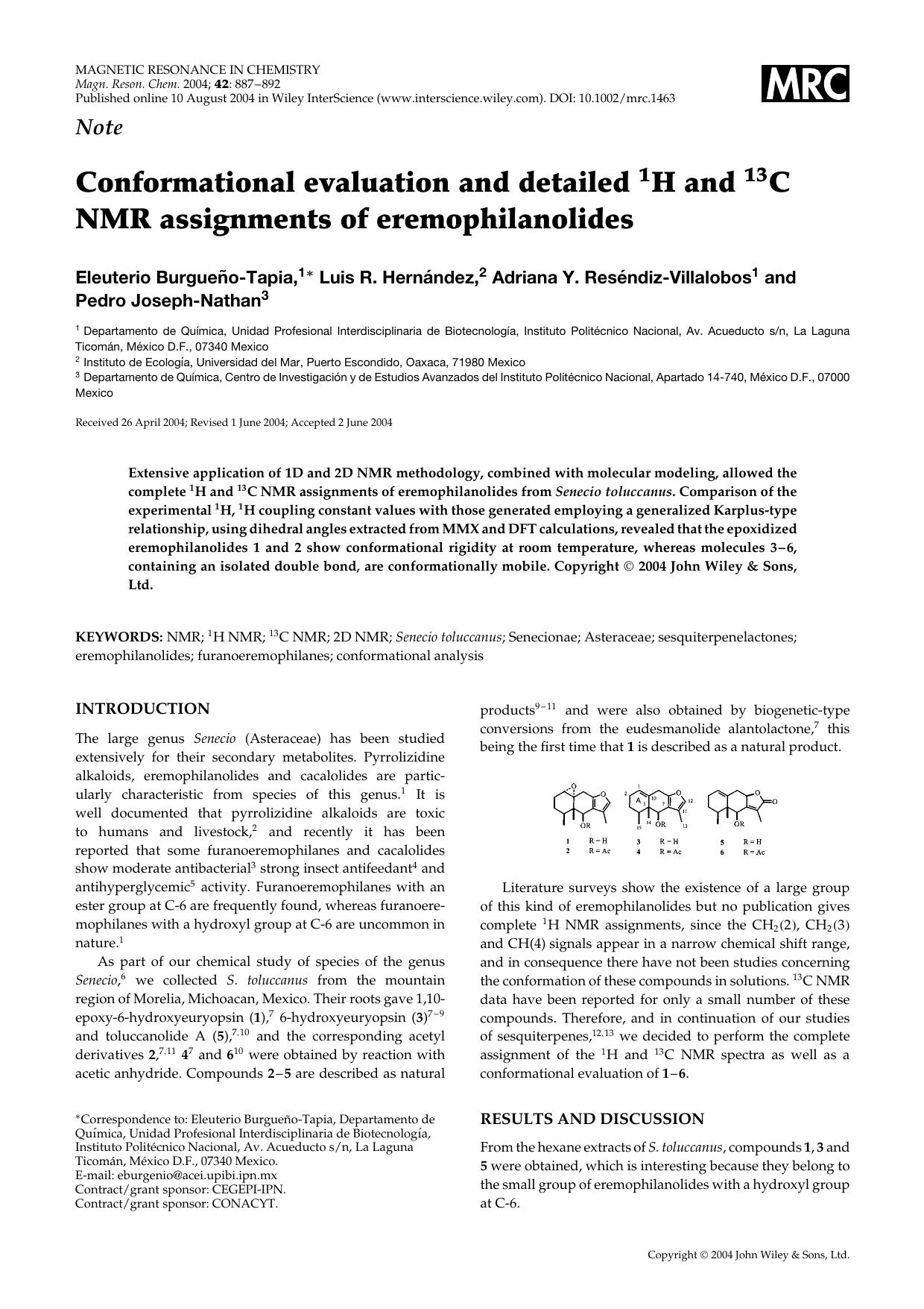 Conformational evaluation and detailed 1H and 13C NMR assignments of eremophilanolides by Unknown