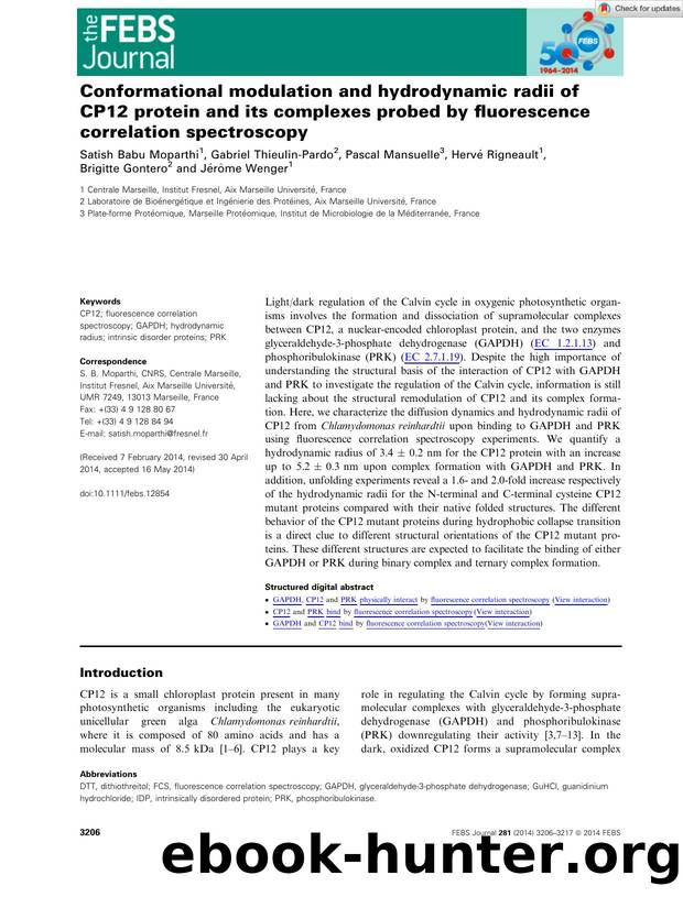 Conformational modulation and hydrodynamic radii of CP12 protein and its complexes probed by fluorescence correlation spectroscopy by Unknown