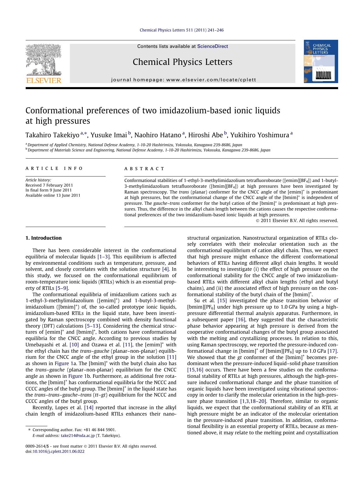 Conformational preferences of two imidazolium-based ionic liquids at high pressures by Takahiro Takekiyo & Yusuke Imai & Naohiro Hatano & Hiroshi Abe & Yukihiro Yoshimura